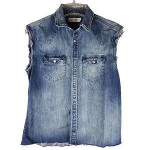 AllSaints Womens Sleeveless Distressed Denim Button-Up Shirt X-Small